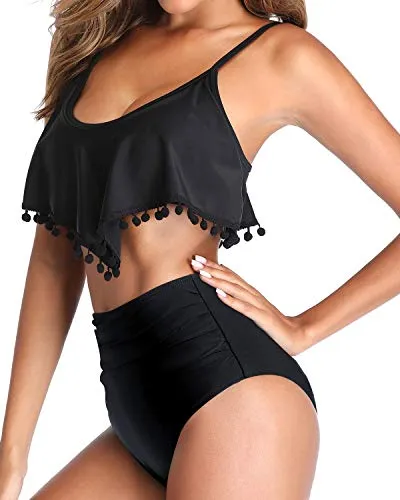 2 Piece Adjustable Spaghetti Straps Removable High Waisted Bikini-Black