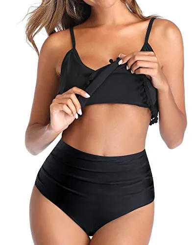 2 Piece Adjustable Spaghetti Straps Removable High Waisted Bikini-Black