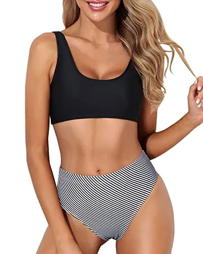 2 Piece Long Torso High Waisted Bathing Suit Bottoms-Black Stripe