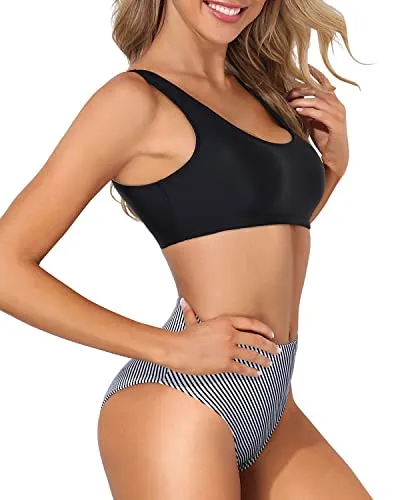 2 Piece Long Torso High Waisted Bathing Suit Bottoms-Black Stripe