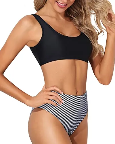 2 Piece Long Torso High Waisted Bathing Suit Bottoms-Black Stripe