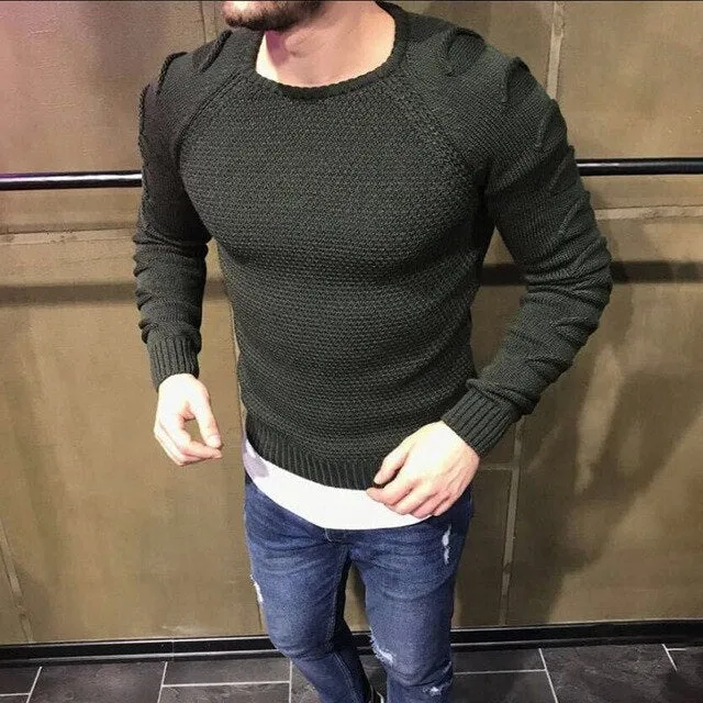 2019 Autumn Men's Pullover Casual Fitness Solid Sweater O-Neck Bodycon Long Sleeve Knitted Male Winter Jersey Hole on Shoulder