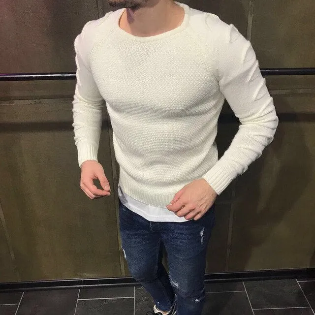 2019 Autumn Men's Pullover Casual Fitness Solid Sweater O-Neck Bodycon Long Sleeve Knitted Male Winter Jersey Hole on Shoulder