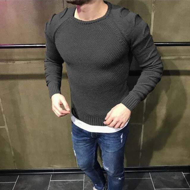 2019 Autumn Men's Pullover Casual Fitness Solid Sweater O-Neck Bodycon Long Sleeve Knitted Male Winter Jersey Hole on Shoulder