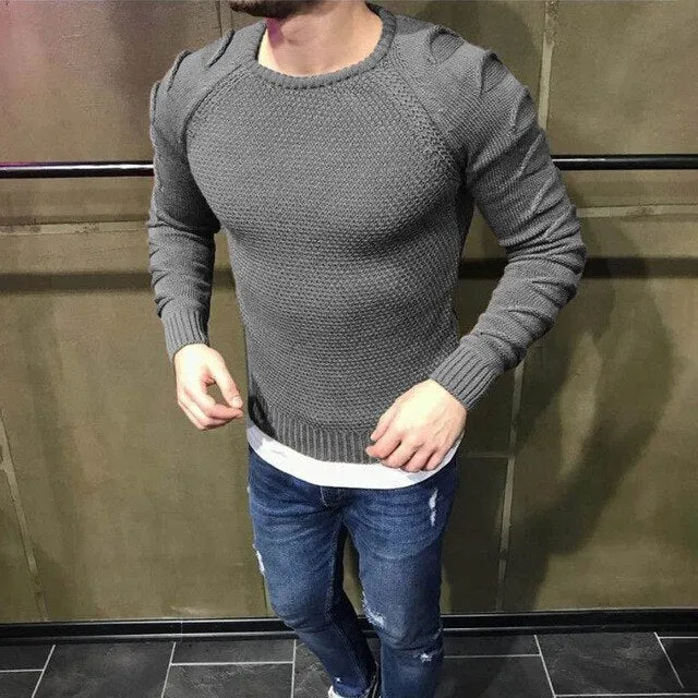 2019 Autumn Men's Pullover Casual Fitness Solid Sweater O-Neck Bodycon Long Sleeve Knitted Male Winter Jersey Hole on Shoulder