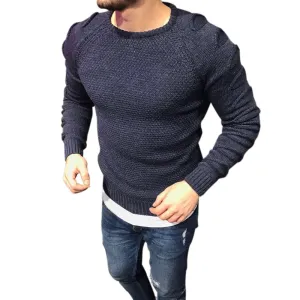 2019 Autumn Men's Pullover Casual Fitness Solid Sweater O-Neck Bodycon Long Sleeve Knitted Male Winter Jersey Hole on Shoulder