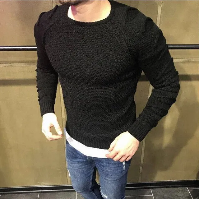 2019 Autumn Men's Pullover Casual Fitness Solid Sweater O-Neck Bodycon Long Sleeve Knitted Male Winter Jersey Hole on Shoulder