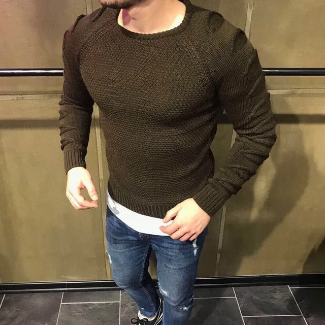 2019 Autumn Men's Pullover Casual Fitness Solid Sweater O-Neck Bodycon Long Sleeve Knitted Male Winter Jersey Hole on Shoulder