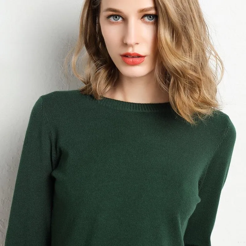 2020 Female Slim O-neck Pullover Cashmere Wool Blending Sweater Autumn