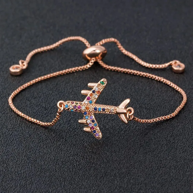 AIBEF Rose Gold Silver Color Airplane Adjustable Bracelet Bangle Copper Chain Zircon Bracelet Women Jewelry Girl Decoration Gift