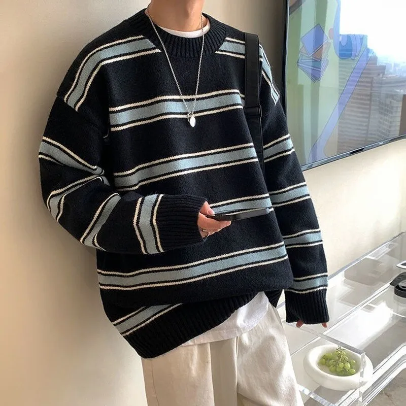 Aidase Striped Sweater Men Round Neck Winter Pullover Sweater Korean Fashion Harajuku Loose Wild Long Sleeve Sweater Oversize