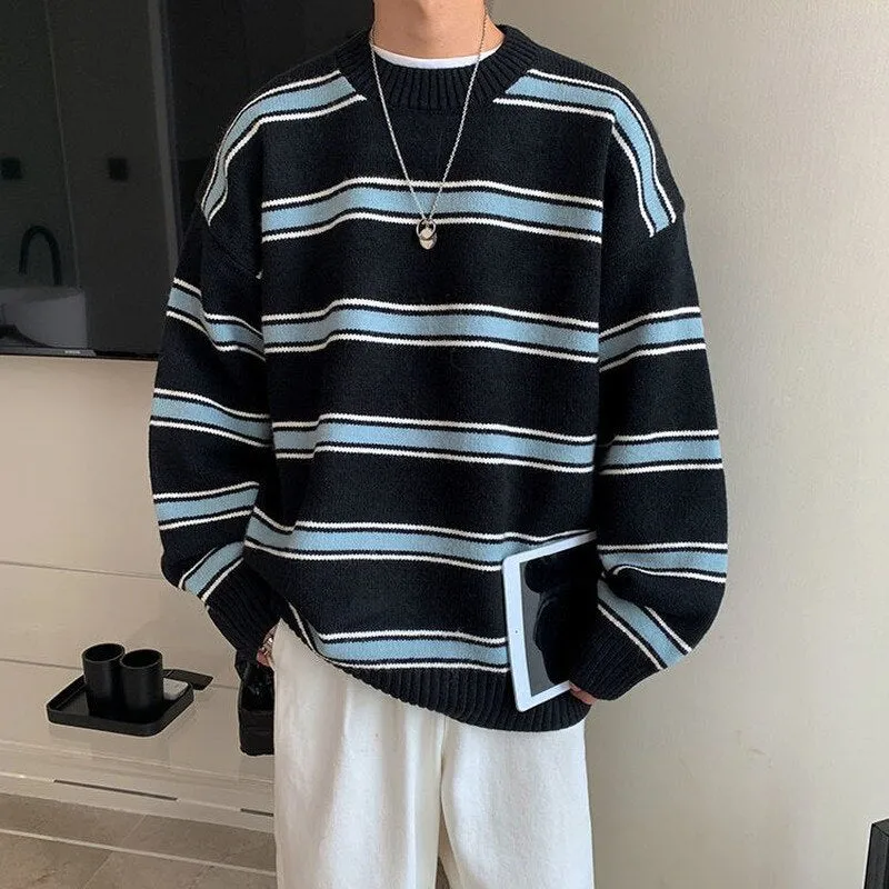 Aidase Striped Sweater Men Round Neck Winter Pullover Sweater Korean Fashion Harajuku Loose Wild Long Sleeve Sweater Oversize