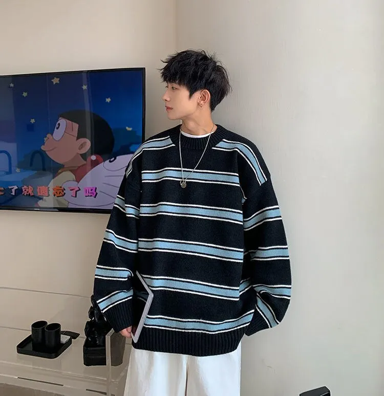 Aidase Striped Sweater Men Round Neck Winter Pullover Sweater Korean Fashion Harajuku Loose Wild Long Sleeve Sweater Oversize