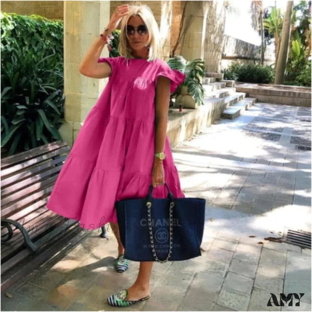 Amy Fashion - Solid Color Short Sleeve Loose Chic Pleated Dress