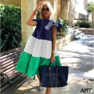 Amy Fashion - Solid Color Short Sleeve Loose Chic Pleated Dress