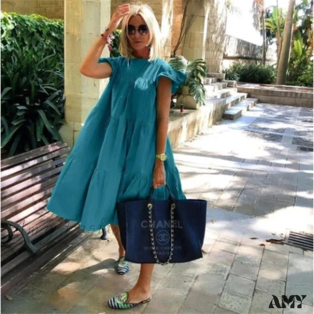 Amy Fashion - Solid Color Short Sleeve Loose Chic Pleated Dress