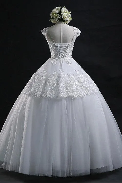 Chic Ball Gown Scoop Long Lace-up Tulle Wedding Dress With Appliques TN0008