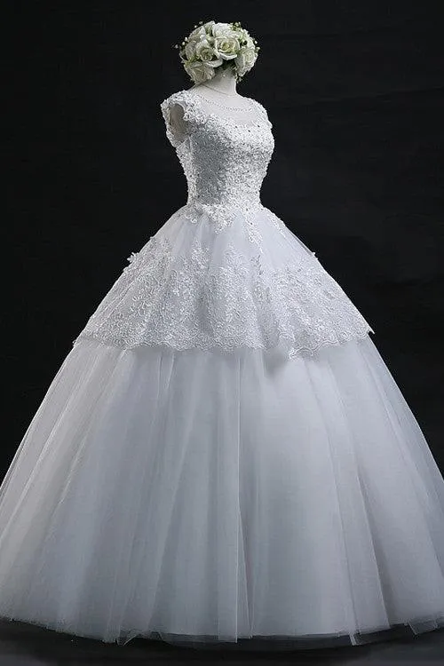 Chic Ball Gown Scoop Long Lace-up Tulle Wedding Dress With Appliques TN0008