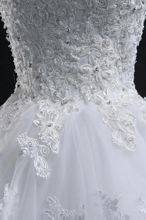 Chic Ball Gown Scoop Long Lace-up Tulle Wedding Dress With Appliques TN0008