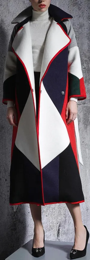 Color-Block Long Wool Coat