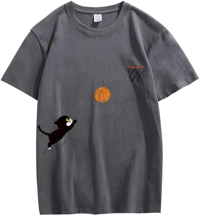 CORIRESHA Teen Cute Cat Basketball Crew Neck Short Sleeve Loose Soft Cotton T-Shirt