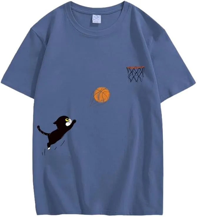 CORIRESHA Teen Cute Cat Basketball Crew Neck Short Sleeve Loose Soft Cotton T-Shirt