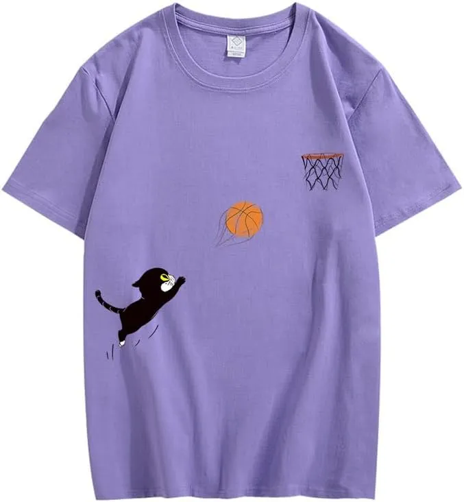 CORIRESHA Teen Cute Cat Basketball Crew Neck Short Sleeve Loose Soft Cotton T-Shirt