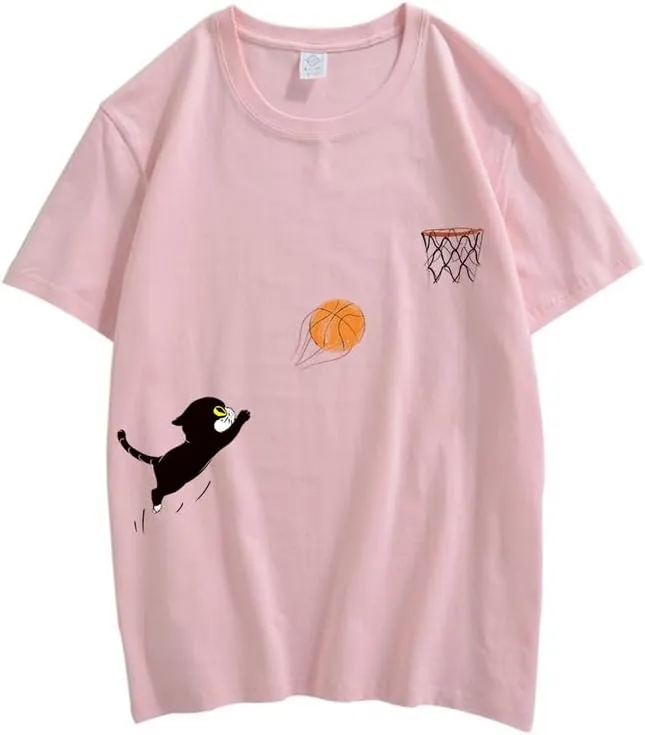 CORIRESHA Teen Cute Cat Basketball Crew Neck Short Sleeve Loose Soft Cotton T-Shirt