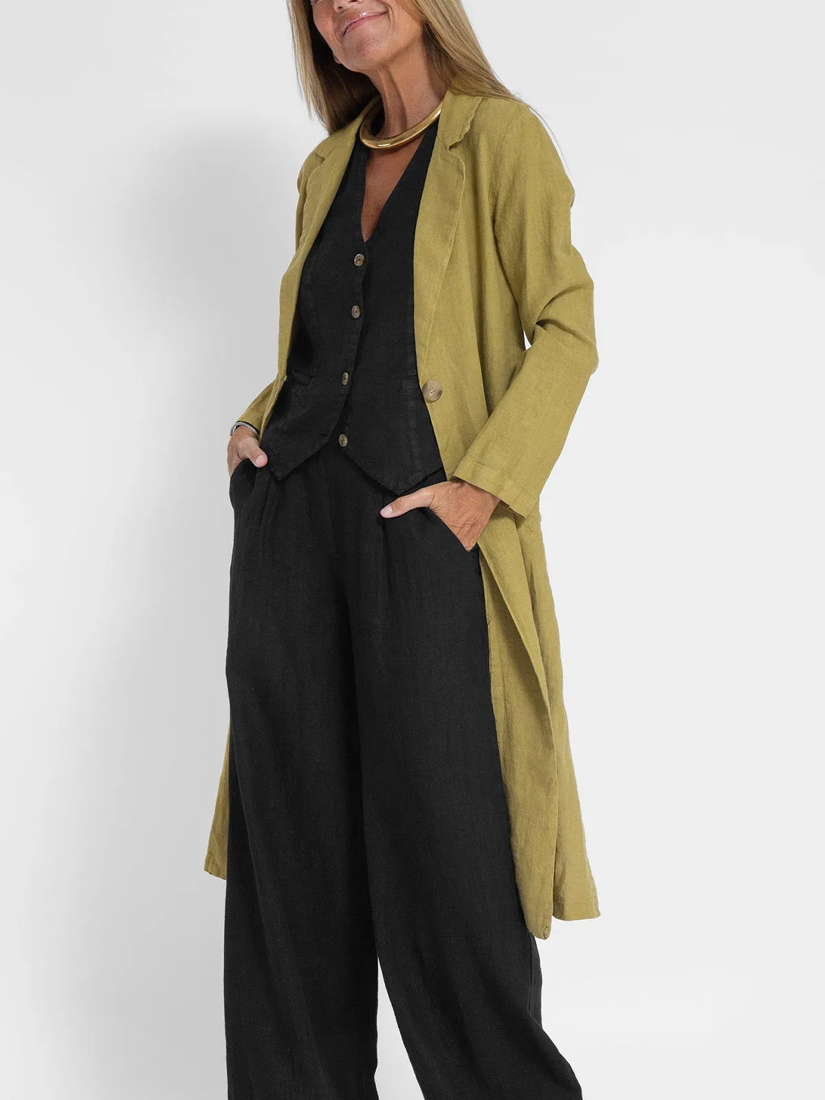 Cotton Lapel Neck and Pocket Long Jacket