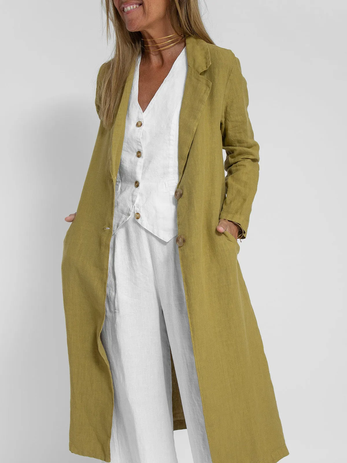 Cotton Lapel Neck and Pocket Long Jacket