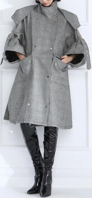 Double-Breasted Plaid Wool Buckled-Sleeve Coat