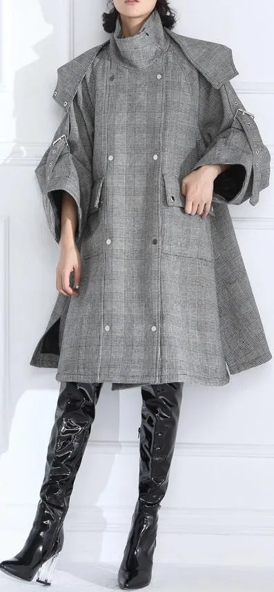 Double-Breasted Plaid Wool Buckled-Sleeve Coat