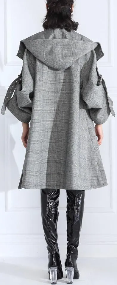 Double-Breasted Plaid Wool Buckled-Sleeve Coat