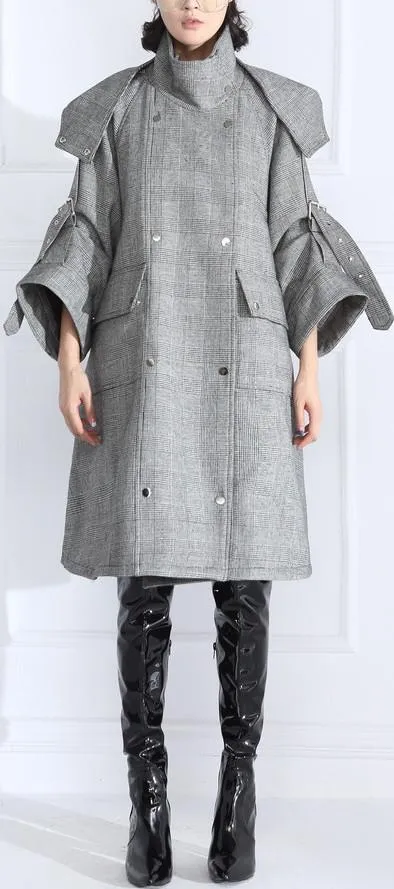 Double-Breasted Plaid Wool Buckled-Sleeve Coat