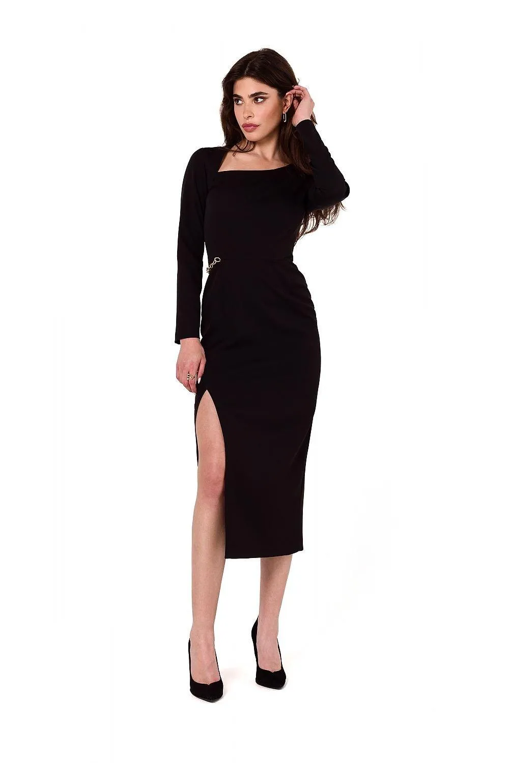 Elegant Chain-Embellished Asymmetrical Midi Evening Dress