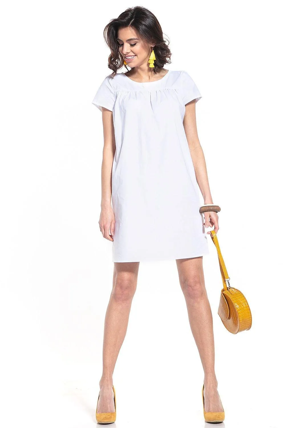 Elegant Cotton Mini Dress with Boat Neck and Trendy Details