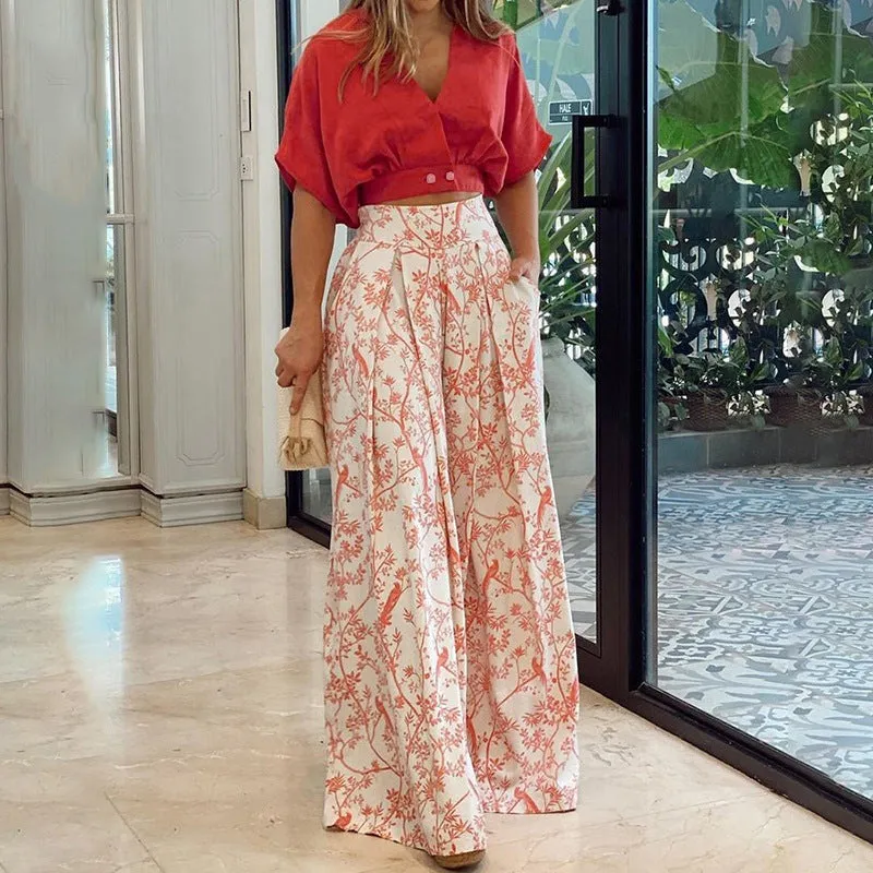 Fashion V-neck short shirt wide leg pants two-piece set