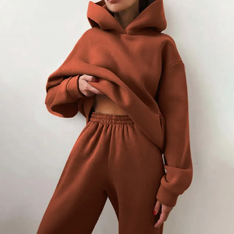 Fashionkova  Women Tracksuit Casual Solid Long Sleeve Hooded Sport Suits Autumn Female Fleece Sweatshirts And Long Pants Warm Two Piece Sets