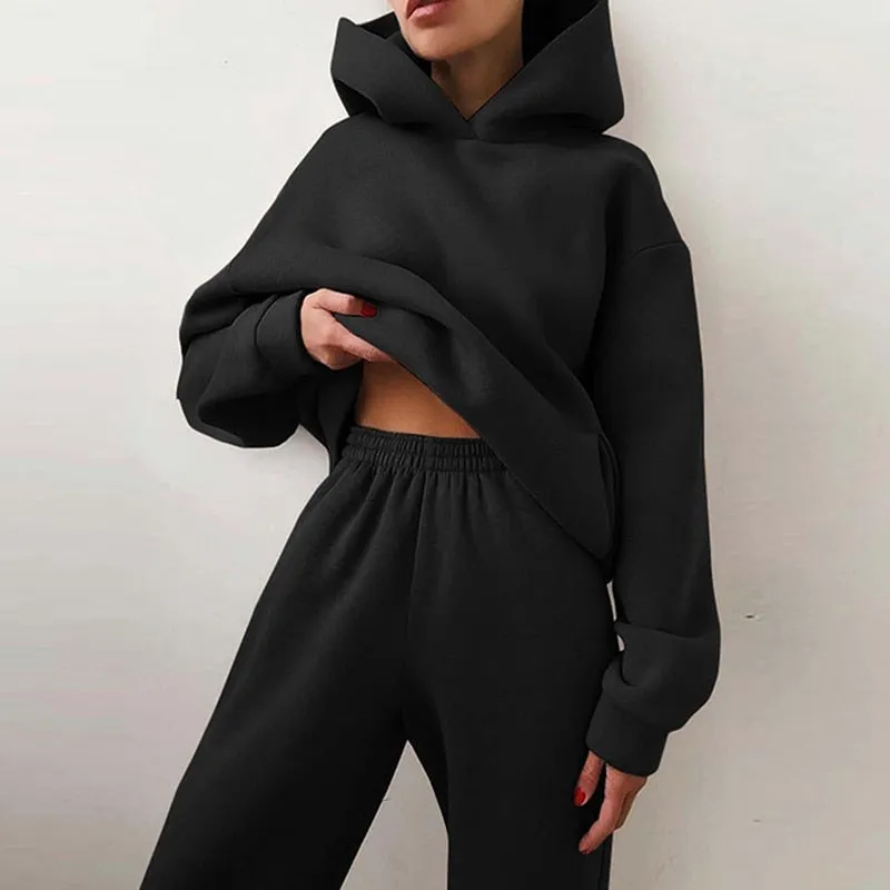 Fashionkova  Women Tracksuit Casual Solid Long Sleeve Hooded Sport Suits Autumn Female Fleece Sweatshirts And Long Pants Warm Two Piece Sets