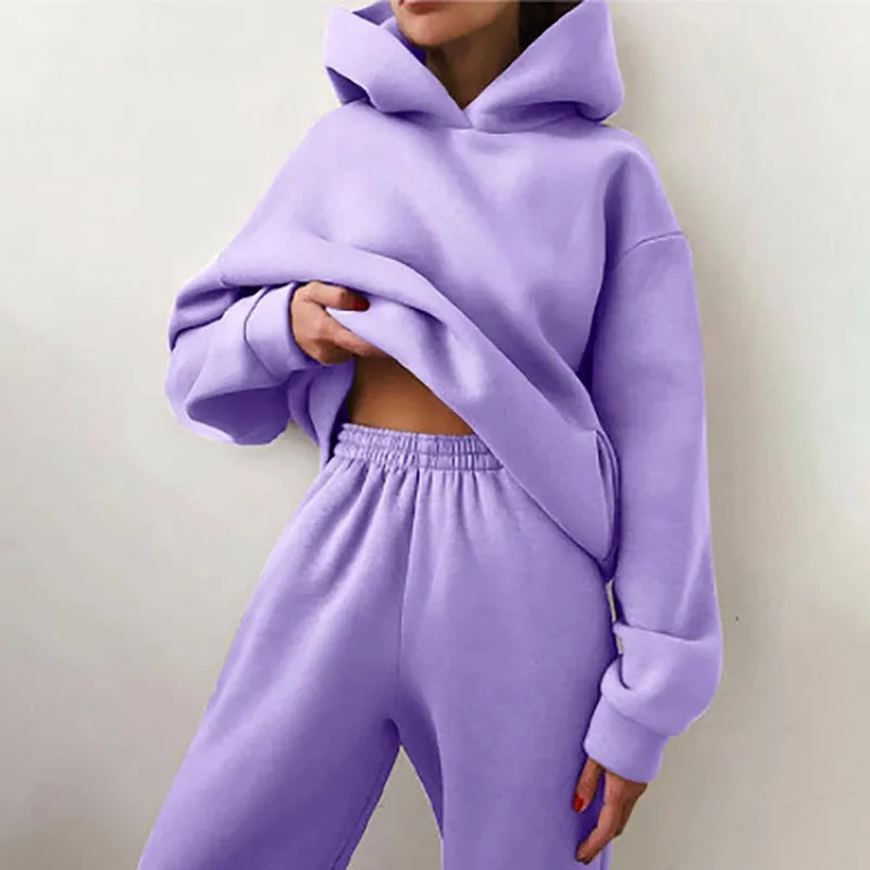 Fashionkova  Women Tracksuit Casual Solid Long Sleeve Hooded Sport Suits Autumn Female Fleece Sweatshirts And Long Pants Warm Two Piece Sets