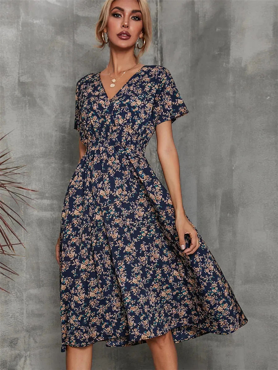 Floral Chic Summer Short Sleeve Fashionable Midi Dress