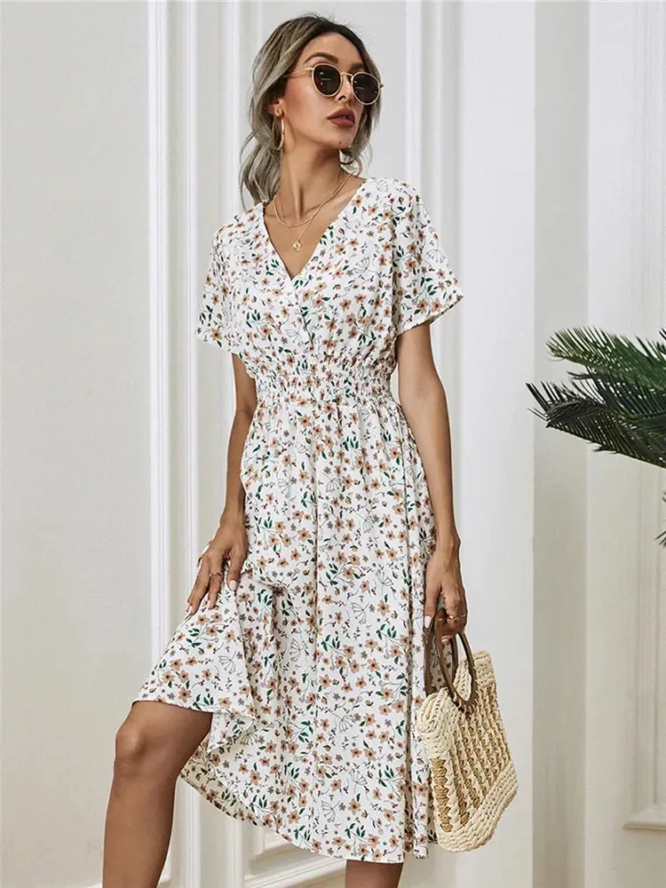 Floral Chic Summer Short Sleeve Fashionable Midi Dress