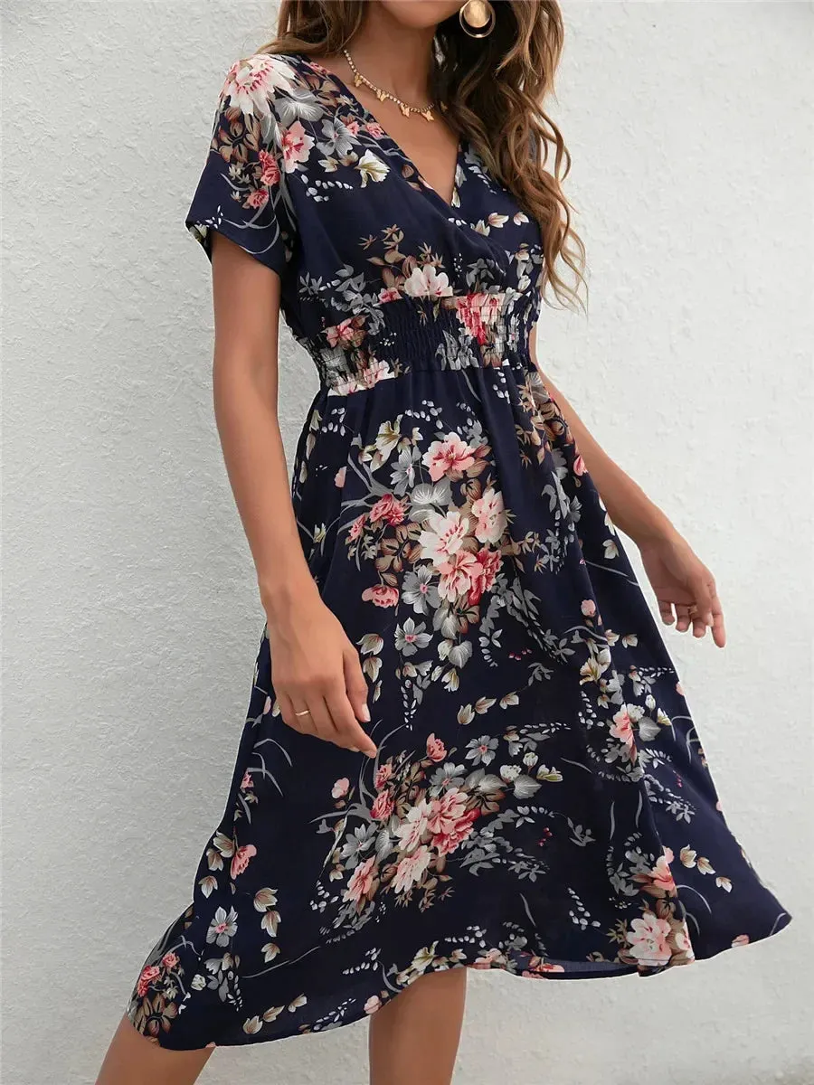 Floral Chic Summer Short Sleeve Fashionable Midi Dress