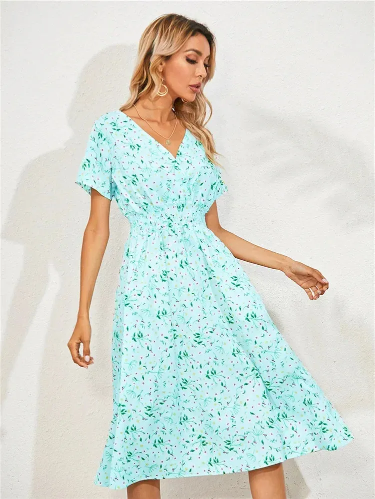 Floral Chic Summer Short Sleeve Fashionable Midi Dress