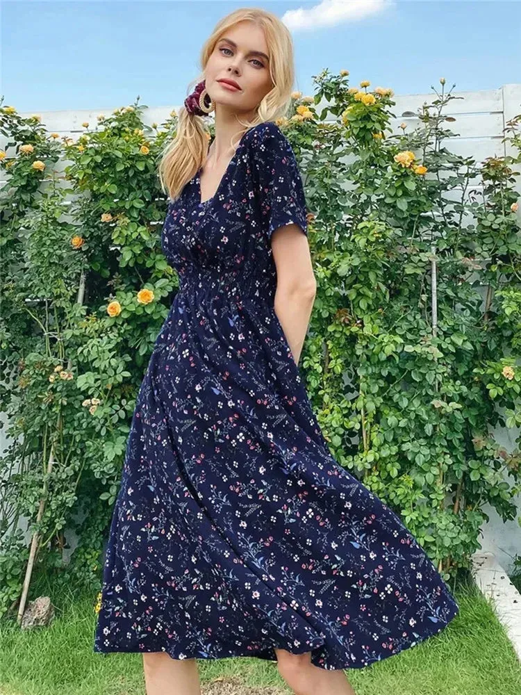 Floral Chic Summer Short Sleeve Fashionable Midi Dress