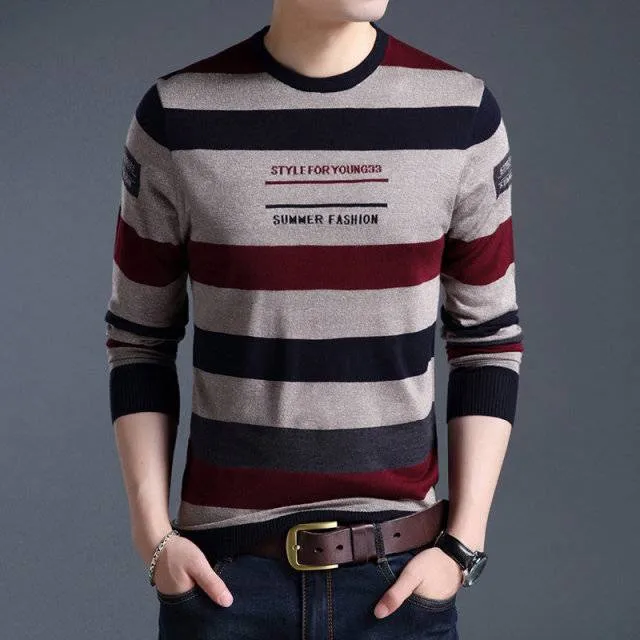 Front Letter Style Striped Pattern Sweater