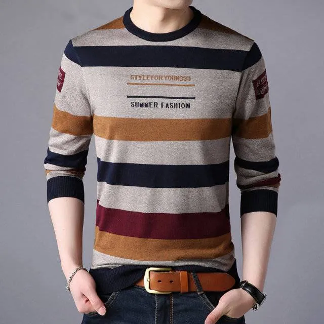 Front Letter Style Striped Pattern Sweater