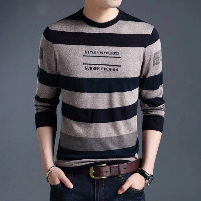 Front Letter Style Striped Pattern Sweater