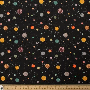 Galaxy Collection #05 White Multi Colour Planets & Stars on Black Cotton Prints