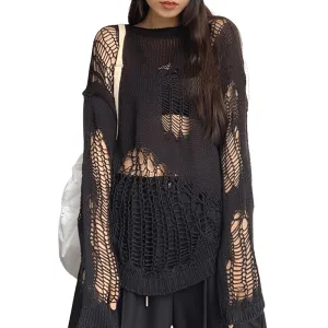 Gothic Hollow Out Oversized Knitted Sweater / Grunge Long Sleeves See-Through Pullovers